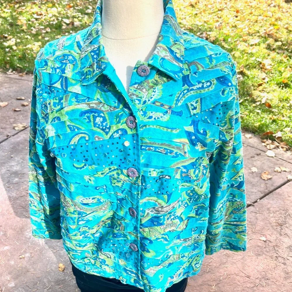 Shirt Jacket Sequins, Fancy buttons, Artistic Design, Blues, Greens, P Large - Picture 1 of 5